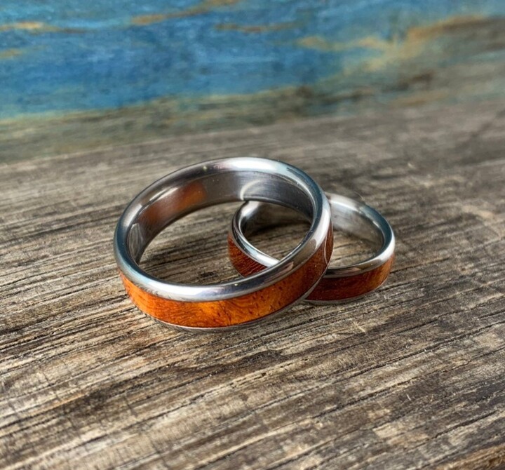 Etsy Matching Amboyna Burl Wedding Band Set - Exotic Wood Men's Ring- Bands His & Hers Titanium Rings
