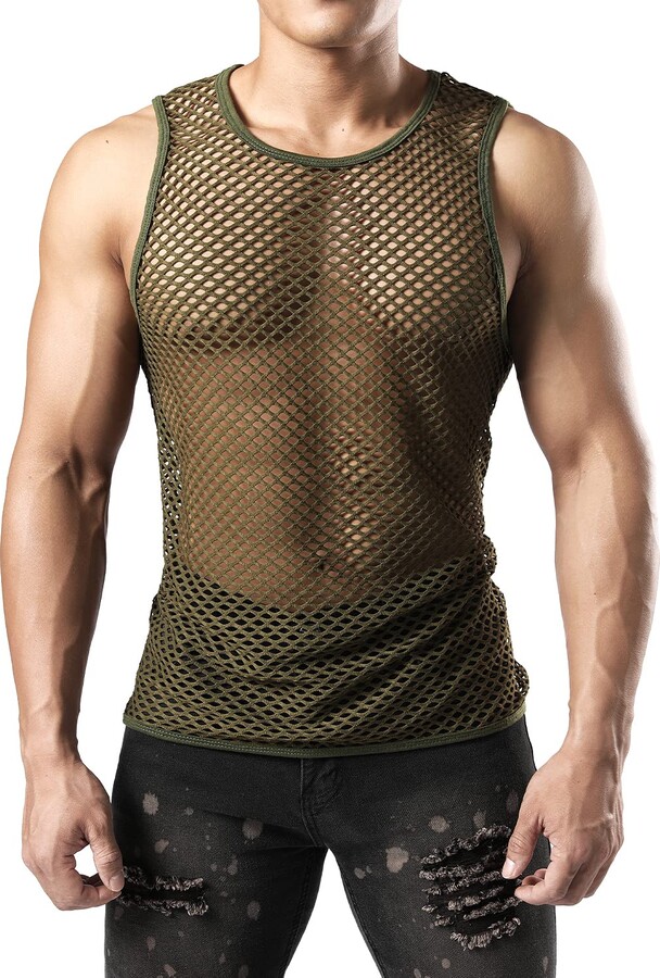 JOGAL Men's Mesh Fitted Muscle Top T Shirts ArmyGreen Large