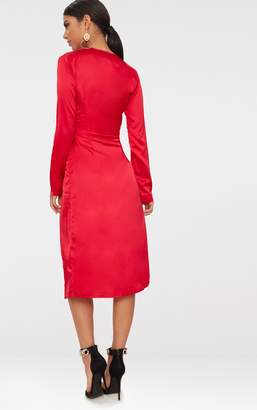 PrettyLittleThing Red Satin Long Sleeve Wrap Midi Dress