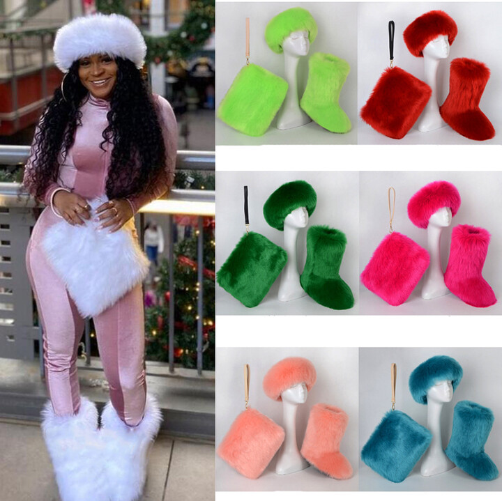 ZMPDXY Women & apos;s Winter High-end Imitation Fox Fur Snow Boots Velvet Women & apos;s Shoes Fashion Warm Padded Cotton Boots Warm Headband Handbag