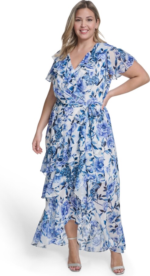 Eliza J Plus Size Flutter Sleeve Ruffle Maxi Dress - Ivory/Blue
