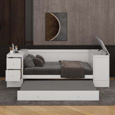 Red Barrel Studio Twin Size Solid Wood Daybed With Trundle USB Ports & Storage Arms