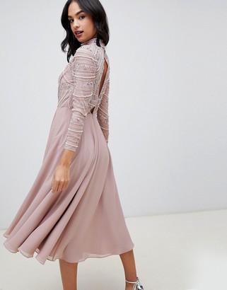 ASOS DESIGN midi dress with long sleeve embellished bodice