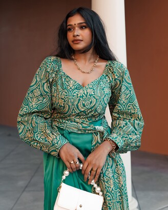 The Drop Women's Ultramarine Green Jacquard Printed Sweetheart Surplice Top with Ties by @sruthijayadevan