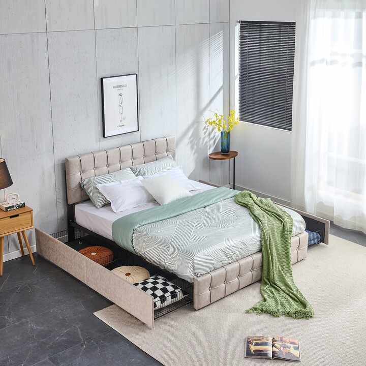 GEROJO Beige Upholstered Platform Bed Frame with Adjustable Headboard