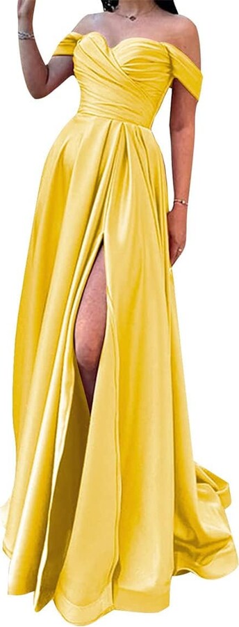 WSEYU Robes de Demoiselle d'honneur avec fente Longue plissée hors épaule  Robes de soirée formelles Pour Femmes Yellow UK32 - ShopStyle Plus Size  Clothing