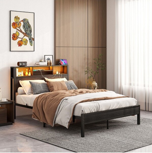 CAVINAS LLC CAVINASFullSizeMetalPlatformBedFramewithWoodenStorageHeadboard&LEDLights,NoBoxSpringNeeded,Black