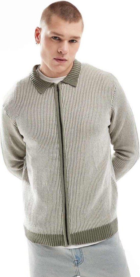 Another Influence textured pinstripe zip through cardigan in khaki
