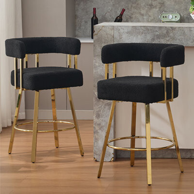 Dilon Luxury Teddy Velvet Bar Stools With Gold-Plated Chrome Alloy Base (Set Of 2)