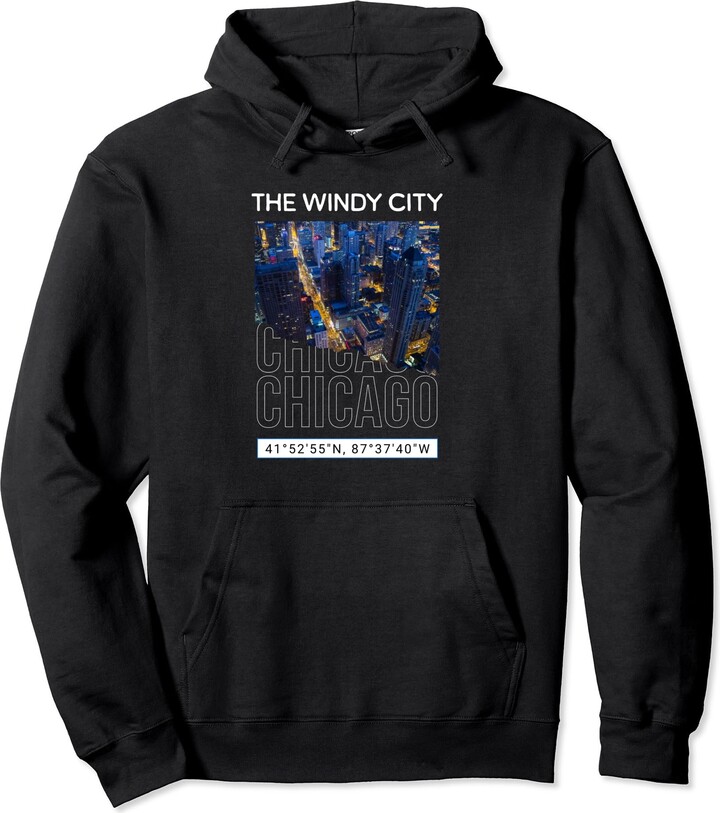 Chicago Chi-Town City Gifts Co. Chicago Night Sky View Chi-Town Windy City GPS Coordinates Pullover Hoodie