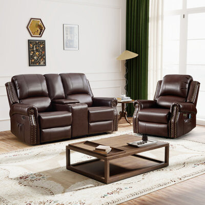 Latitude Run 2-Piece Vintage Faux Leather Power Reclining Living Room Set With Nailhead Trim Massage Recliner & Power Console Loveseat