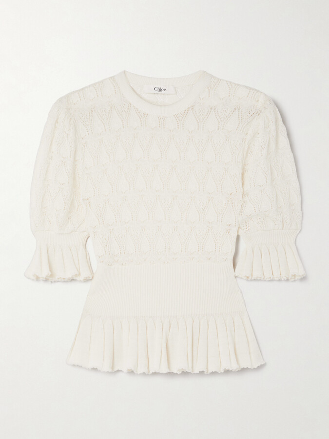 Chloé Pointelle-knit Wool-blend Peplum Sweater - Cream