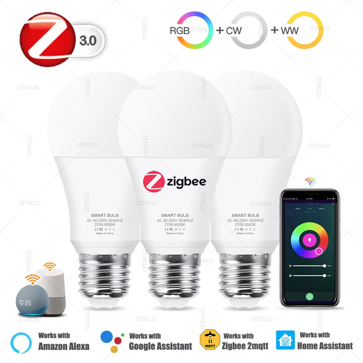 arteco Zigbee E27 Led Light Bulb Alexa Smart Led Lamp RGB CW WW Led Bulbs Work With Smart App Home Assistant Z2M Google Zigbee 3.0 Hub