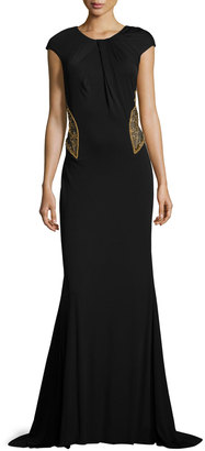 Badgley Mischka Beaded Cap-Sleeve Gown, Black/Gown