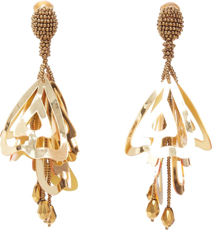 Oscar de la Renta gold acrylic petals beads floral statement clip earrings Pair
