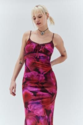 Urban Outfitters Quartz Burgundy Floral Flocked Mesh Midi Dress