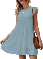 Thumbnail for your product : Kirundo 2021 Women’s Summer Mini Dress Sleeveless Ruffle Sleeve Round Neck Solid Color Loose Fit Short Flowy Pleated Dress (Light Blue m)