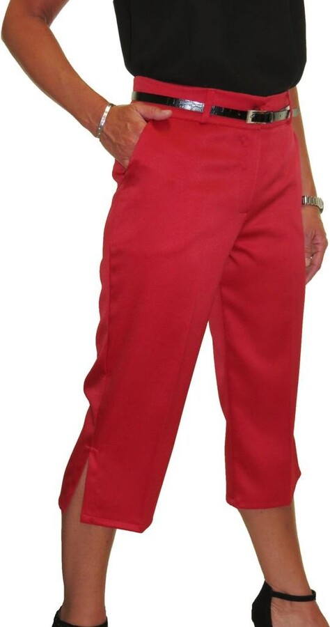 icecoolfashion Women's Smart Stretch Cropped Trousers Ladies Evening 3/4  Length Matt Satin Loose Fit Capri Pants with Belt Red 8-22 (16) - ShopStyle
