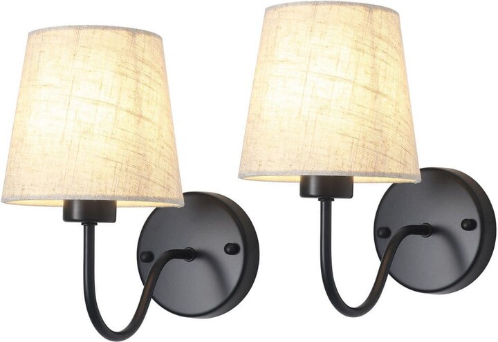ETONIMERR (Set of 2) 10.78 in. 1-Light Black Rustic Wall Sconce Light with Linen Beige Fabric Shade for Toilet, Hallway, Staircase