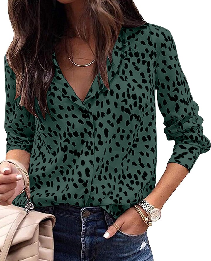 Avanova Women's Leopard Printed Ruffle Hem Long Sleeve Mock Neck Blouses Top