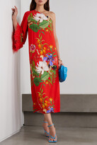 Thumbnail for your product : Borgo de Nor Aubrey One-sleeve Feather-trimmed Floral-print Crepe De Chine Midi Dress - Red