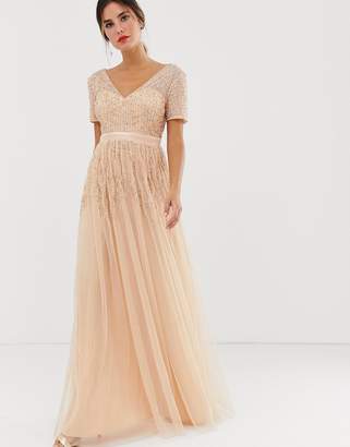 Maya mesh all over scattered sequin pleated maxi dress in soft peach