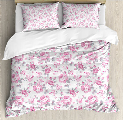 Ambesonne Shabby Elegance Roses with Leaves Bedding Plants Spring Blossoms Duvet Cover Set