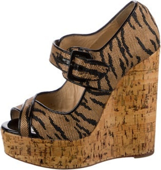 Christian Louboutin Raffia Sandals Neutrals Animal Print Leather Trim Embellishment Platform Mary Jane Strap & Buckle Closure At Uppers Designer