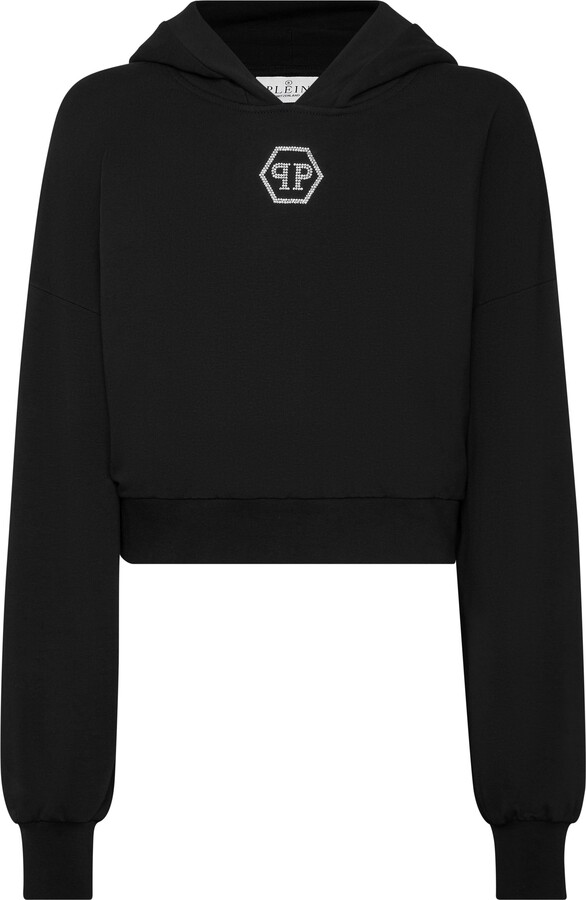 Philipp Plein Cropped Hoodie Sweatshirt Crystal Hexagon