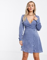Thumbnail for your product : NaaNaa wrap front long sleeve satin dress in blue
