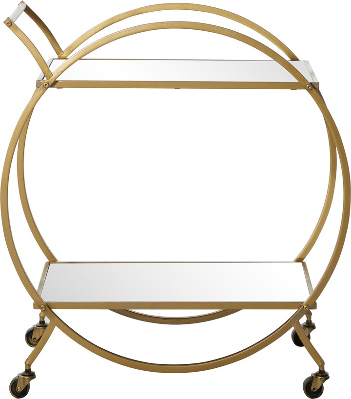 DecMode Contemporary, Modern, Glamorous, Round Iron Gold Frame Bar Cart with Mirror Shelving and Horizontal Handle, 27"W x 15"L x 30"H, Matte Finish