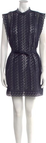 Rebecca Taylor Mock Neck Mini Dress Rebecca Taylor A-Line Dress Blue Scalloped & Eyelet Accents Short Sleeve with Mock Neck Button Closure at Back Designer