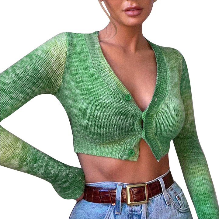 Yuargli Women Crop Color Patchwork Pullover Top Loose Tops Shirts Long  Crochet Block Sleeve Knit Women's Roupas Femininas (Green S) - ShopStyle