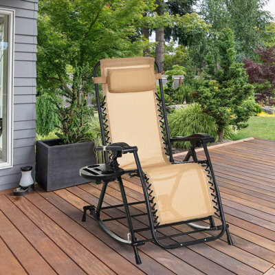 Ebern Designs Outsunny Outdoor Rocking Chairs, Foldable Reclining Zero Gravity Lounge Rocker W/ Pillow, Cup & Phone Holder, Combo Design W/ Folding Legs, Beige