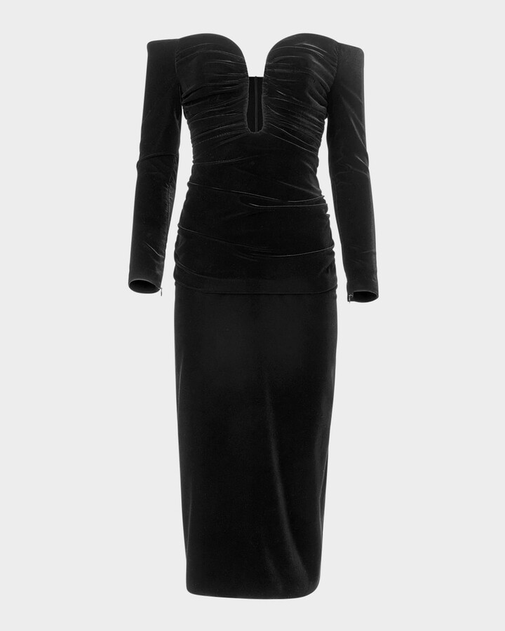 Carolina Herrera Ruched Plunging Off-Shoulder Velvet Midi Dress