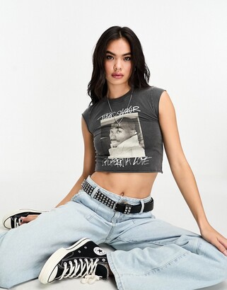 Bershka Tupac baby tee in washed gray - ShopStyle T-shirts