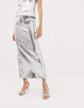 Warehouse x Ashish sequin maxi skirt in silver