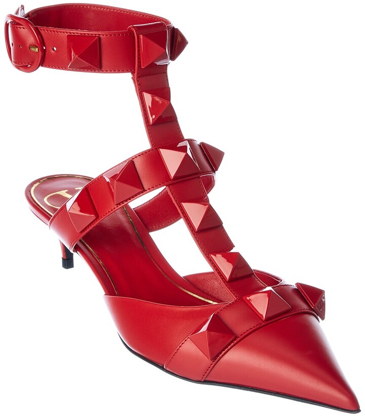 red ankle strap pumps