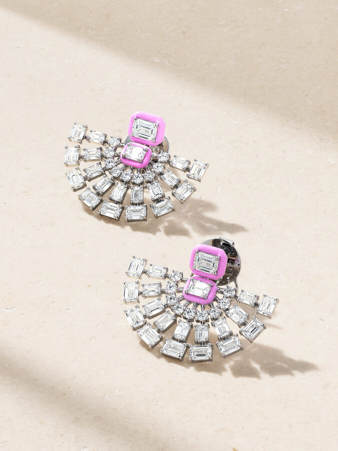 Kamyen - Fan 18-karat White Gold, Diamond And Enamel Earrings - Silver