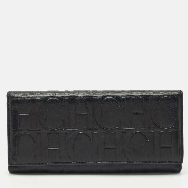 CH Carolina Herrera Black Monogram Leather Flap Continental Wallet