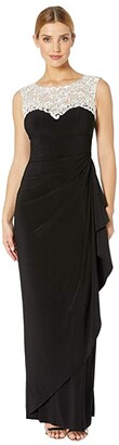 Alex Evenings Long Cap Sleeve Dress with Embellished Embroidered Neckline