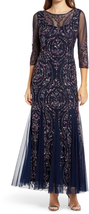 Pisarro Nights Sequin Beaded Illusion Gown - ShopStyle Evening Dresses