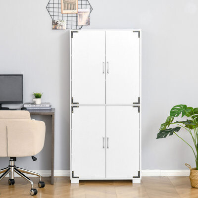 Ebern Designs Industrial Kitchen Pantry Cabinet with 4 Door Cupboard and Storage Shelves Freestanding Storage Cabinet White