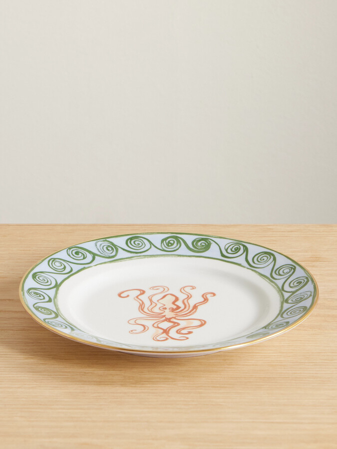 GINORI 1735 + Luke Edward Hall Il Viaggio Di Nettuno Gold-plated Porcelain Dessert Plate - White