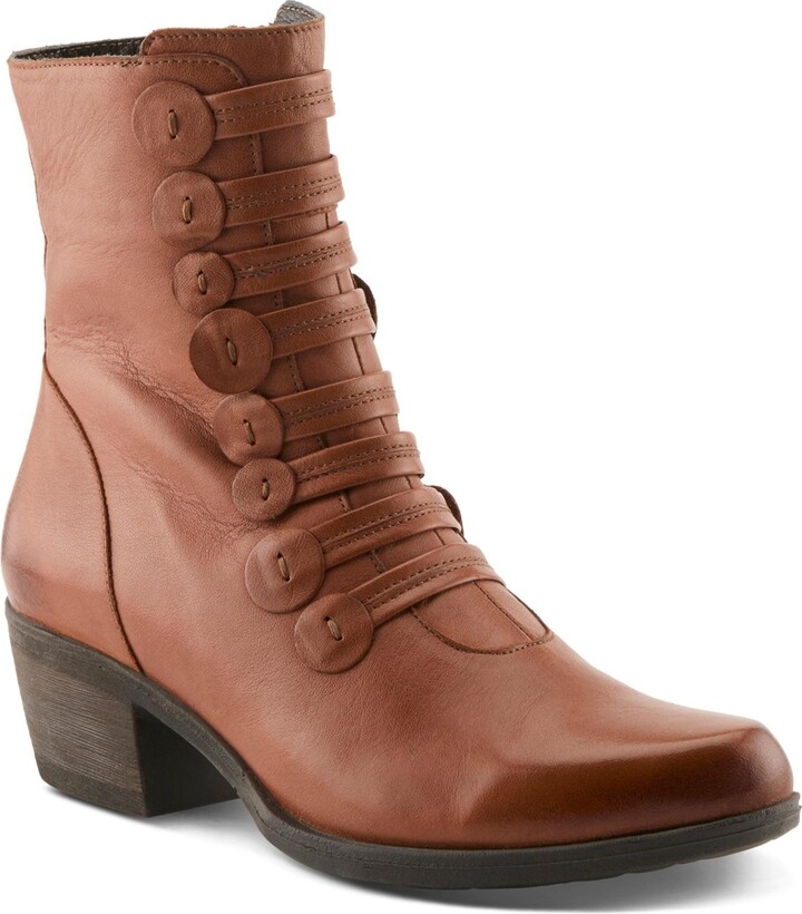 Spring Step Garibaldi Leather Mid Boot with Decorative Lace and Button Detail on Block Heel