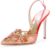 Thumbnail for your product : Rene Caovilla Jeweled Lace Halter Pump, Gold/Fuchsia/Red