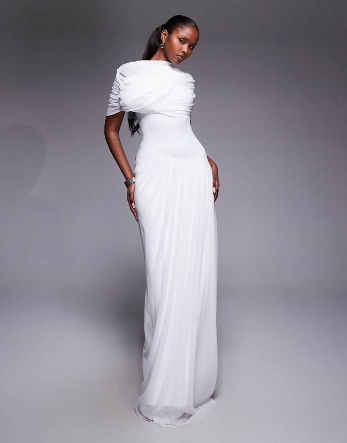 Heiress Beverly Hills mesh drape detail asymmetric dropped waist maxi dress in white
