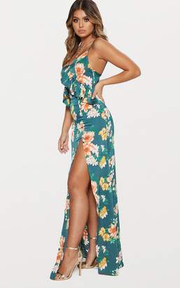 PrettyLittleThing Emerald Green Floral Frill Detail Extreme Split Plunge Maxi Dress