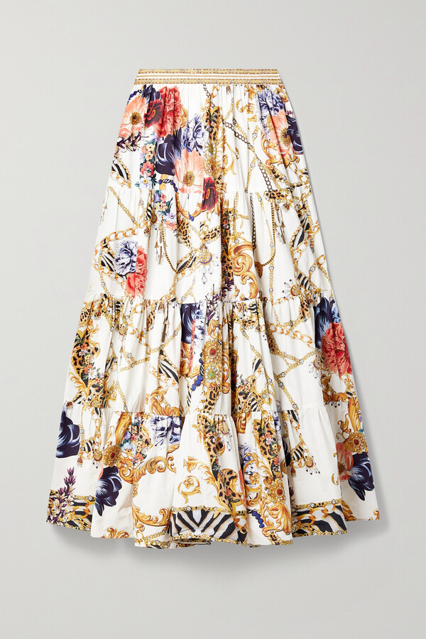 Camilla Crystal-embellished Tiered Printed Cotton-poplin Maxi Skirt - White  - ShopStyle