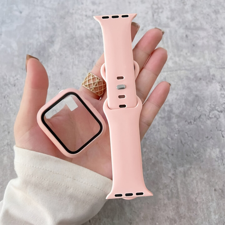 NEY Glass+Case+band For Apple Watch Straps 44mm 40mm 45mm 41mm 38mm 42mm 44 mm sport Silicone bracelet iWatch series 9 8 7 6 5 4 SE